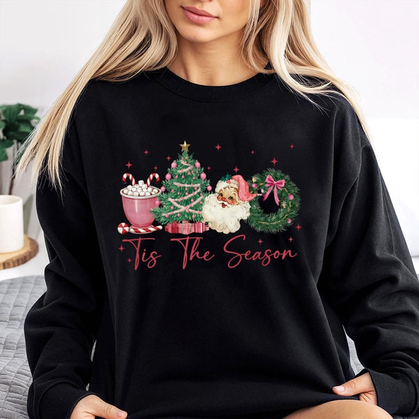 Retro Pink Christmas Sweatshirt, Tis the Season Sweatshirt, Adorable Holiday Crewneck Sweatshirt, Vintage Tis the Season Pull