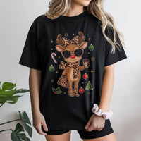 Leopard Print Christmas T-Shirt, Boujee Reindeer T-Shirt, Adorable Holiday Animal Graphic Tee, Retro Winter Reindeer Shirt, Womens Xmas Present