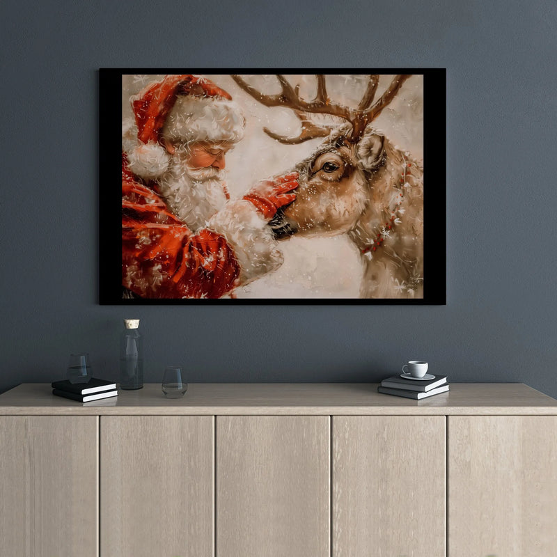 Snowy Holiday Canvas Print, Santa Claus and Reindeer Canvas Wall Art, Whimsical Christmas Wall Decor, Festive Winter Canvas, Xmas Present
