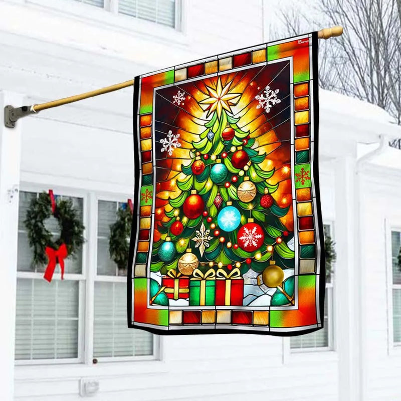 Festive Holiday Yard Flag, Stained Glass Christmas Tree Garden Flag, Double Sided Winter Lawn Flag, Seasonal Outdoor Decor