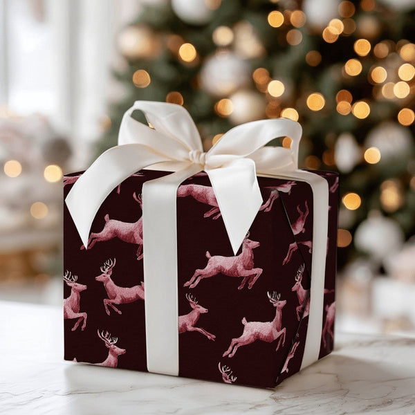 Maroon Christmas Gift Wrap, Pink Leaping Reindeer Wrapping Paper, Watercolor Antler Holiday Wrapping Paper, Elegant Winter Gi