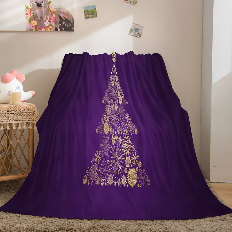 Purple Gold Snowflake Holiday Blanket, Christmas Tree Throw Blanket, Comfy Xmas Plush Fleece Blanket, Winter Seasonal Decor Bedspread Present