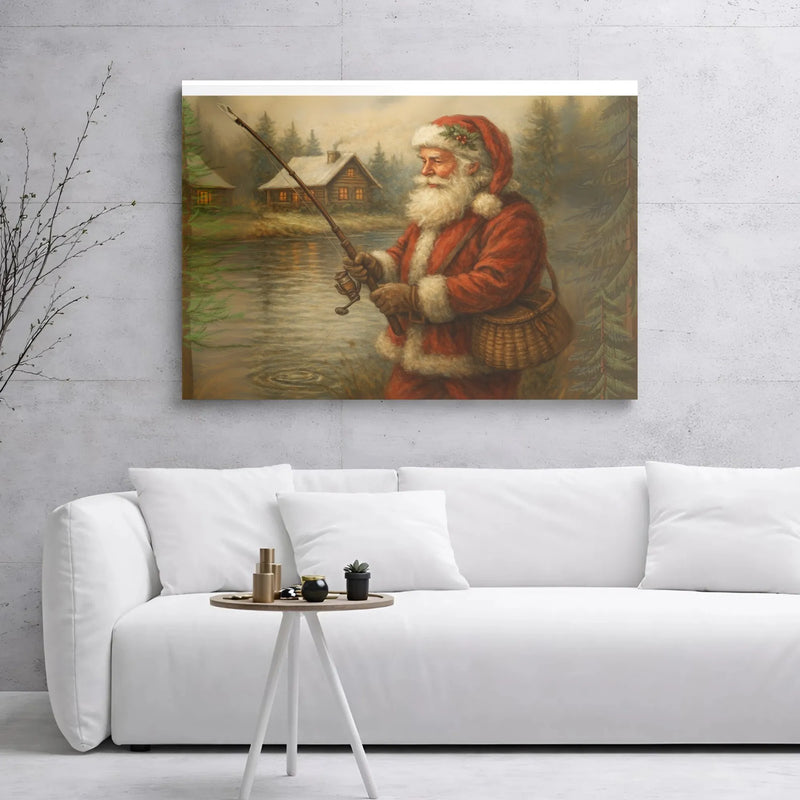 Rustic Log Cabin Christmas Canvas Art, Santa Claus Fishing Canvas, Winter Landscape Canvas Print, Holiday Wall Decor, Fisherman Xmas Present