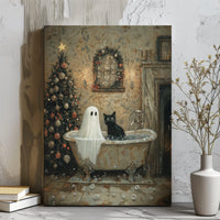 Whimsical Holiday Bath Canvas Print, Ghost and Black Cat Christmas Canvas Wall Art, Spooky Season Cat Canvas, Holiday Wall Decor, Cat Present
