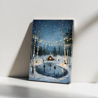 Snowy Cabin Canvas Print, Winter Ice Skating Canvas Wall Art, Fairy Lights Holiday Canvas Decor, Christmas Landscape Artwork, Winter Present