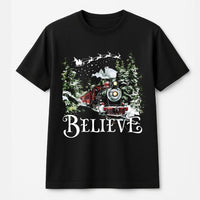 Vintage Steam Engine Christmas Shirt, Believe Christmas Train T-Shirt, Holiday Movie Christmas Tee, Festive Graphic Christmas T-Shirt, Present