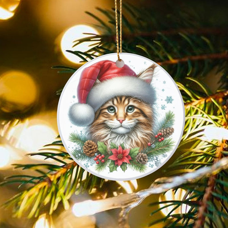 Santa Hat Kitten with Poinsettia Ornament, Cat Christmas Ornament, Adorable Pet Lover Tree Ornament, Ceramic Holiday Keepsake Present