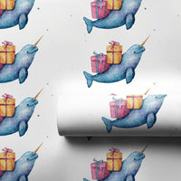 Adorable Ocean Animal Gift Wrap, Watercolor Narwhal Christmas Wrapping Paper, Birthday Present Wrapping Paper, Whimsical Holiday Gift Wrap Roll