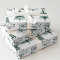 Watercolor Pine Christmas Wrapping Paper, Retro Blue Car with Tree Wrapping Paper, Vintage Winter Holiday Gift Wrap, Festive Xmas Paper Roll