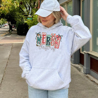 Festive Holiday Hoodie, Merry Christmas Plaid Bow Hoodie, Adorable Christmas Graphic Hooded Sweatshirt, Comfy Winter Xmas Hoodie Present for Women