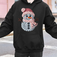 Crochet Faux Yarn Graphic Hooded Sweatshirt, Christmas Snowman Hoodie, Adorable Winter Snowman Hoodie, Comfy Holiday Season Present for Her