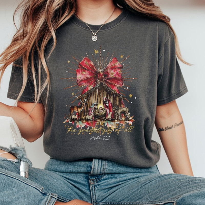 The Greatest Present of All Christmas Shirt, Nativity Scene T-Shirt, Religious Christian Nativity Tee, Faith Based Jesus Holiday T-Shirt Present