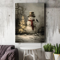 Christmas Tree and Bird Canvas Print, Vintage Snowman Wall Art, Whimsical Holiday Canvas, Retro Winter Wall Decor, Festive Xmas Home Present