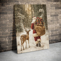 Snowy Forest Holiday Canvas Print, Santa Claus Reindeer Canvas Wall Art, Winter Christmas Canvas Decor, Festive Holiday Wall Art Present