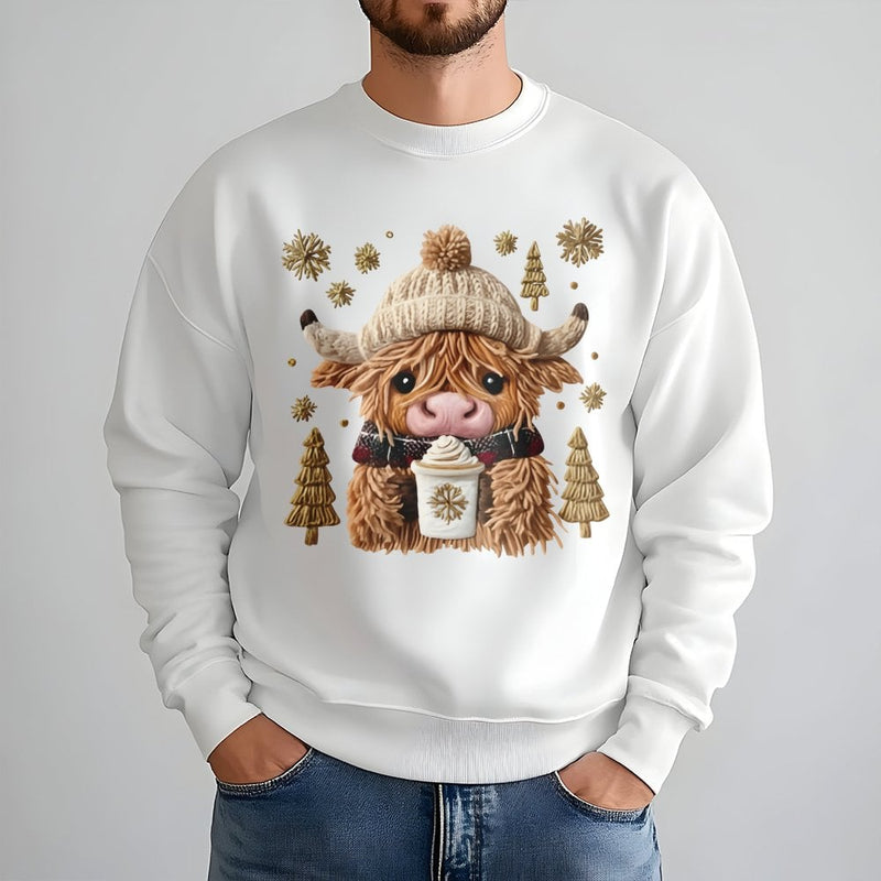 Winter Cow Coffee Sweatshirt, Highland Cow Christmas Sweatshirt, Festive Animal Holiday Sweatshirt, Xmas Cow Lover Crewneck, Winter Present