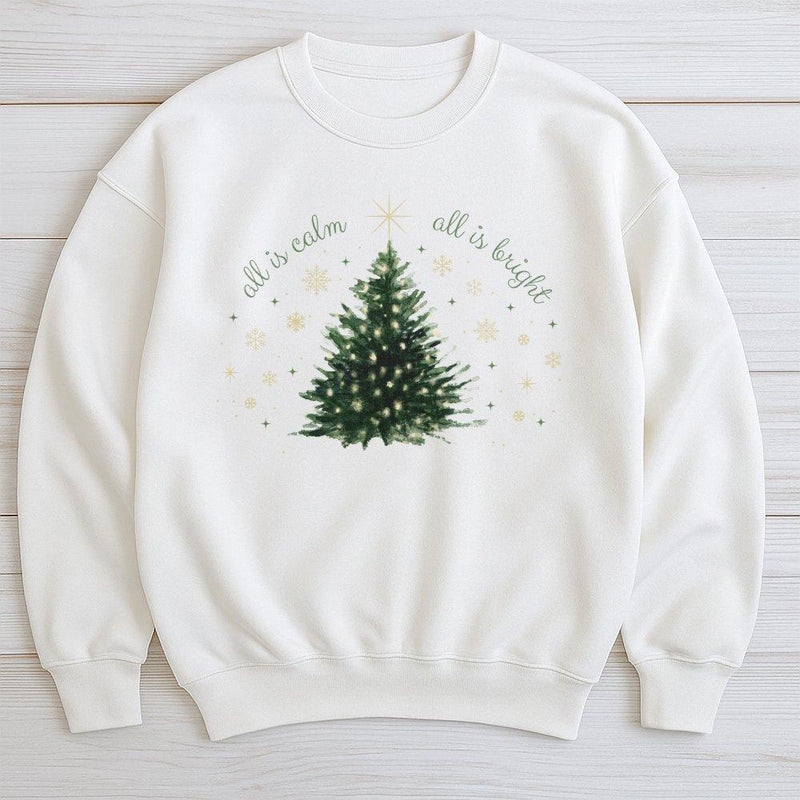 Watercolor Pine Tree Sweatshirt, All is Calm All is Bright Sweatshirt, Minimalist Christmas Crewneck, Winter Nature Pullover Sweatshirt Present