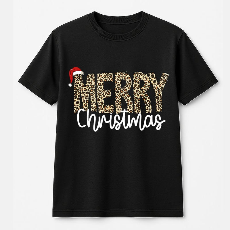 Leopard Print Graphic Holiday Tee, Merry Christmas T-Shirt, Buffalo Plaid Christmas Shirt, Adorable Festive Xmas Graphic Tee for Women