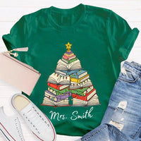 Personalized Holiday Shirt, Custom Christmas Trees and Books T-Shirt, Comfy Book Lover Xmas Graphic Tee, Custom Name Christmas Present Tee
