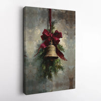 Vintage Red Bow Oil Painting Canvas Print, Christmas Bell Canvas Wall Art, Rustic Holiday Wall Art, Festive Xmas Canvas Decor, Seasonal Present