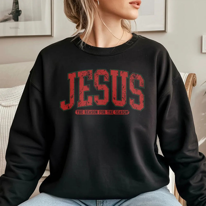 Christian Christmas Crewneck, Jesus Is the Reason for the Season Sweatshirt, Distressed Varsity Holiday Sweater, Faith Winter Pullover Present