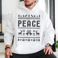 Nordic Reindeer Holiday Hooded Sweatshirt, Peace Ugly Christmas Hoodie, Retro Xmas Graphic Hoodie, Festive Family Matching Pullover Hoodie