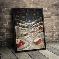 Paper Cut Style Red Houses Landscape Print, Winter Village Snowy Night Canvas Wall Art, Christmas Holiday Decor, Digital Download