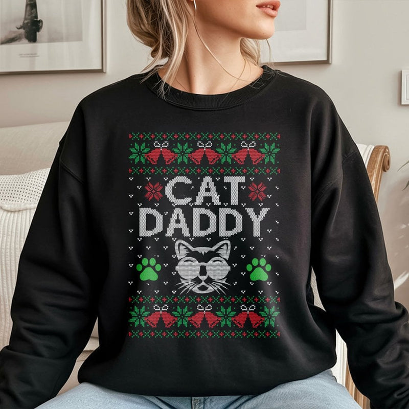 Humorous Feline Holiday Sweatshirt, Cat Daddy Ugly Christmas Sweatshirt, Adorable Cat Lover Xmas Crewneck, Retro Pet Dad Pullover Sweatshirt, Present