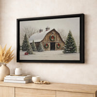 Rustic Winter Farmhouse Canvas Print, Snowy Christmas Barn Canvas Wall Art, Holiday Landscape Canvas Decor, Country Xmas Wall Art Present