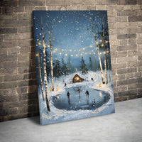 Snowy Landscape with Fairy Lights Wall Decor, Winter Ice Skating Cabin Canvas Art, Festive Christmas Canvas Print, Comfy Winter Decor
