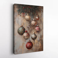 Rustic Oil Painting Baubles Holly Print, Vintage Christmas Ornaments Canvas Wall Art, Holiday Festive Canvas Digital Download