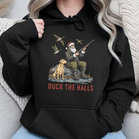 Santa Duck Hunting Labrador Sweatshirt, Duck the Halls Christmas Hoodie, Humorous Xmas Hunter Hoodie, Holiday Outdoorsman Hooded Sweater