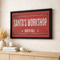 North Pole Christmas Canvas Print, Santas Workshop Canvas Wall Art, Vintage Holiday Sign Canvas Art, Rustic Winter Wall Decor Canvas