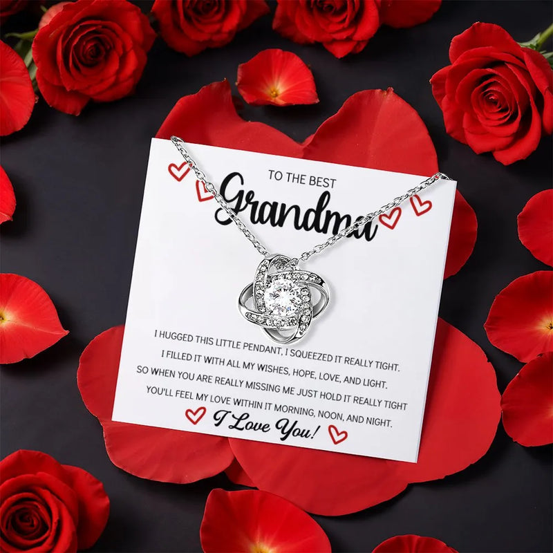 Grandmother Message Card Necklace, Grandma Love Knot Necklace, CZ Crystal Pendant Jewelry, Birthday Christmas Keepsake Present for Grandma