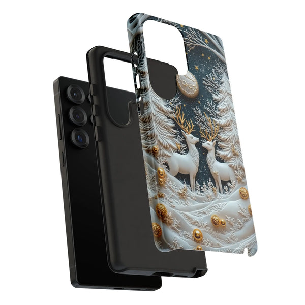 3D Reindeer Forest Phone Cover, Winter Deer Phone Case for Samsung Galaxy, Snowy Moonlit Christmas Wildlife Tough Phone Case