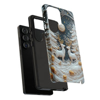 3D Reindeer Forest Phone Cover, Winter Deer Phone Case for Samsung Galaxy, Snowy Moonlit Christmas Wildlife Tough Phone Case