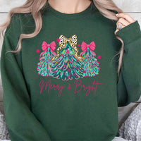 Pink Bow Coquette Aesthetic Tree Crewneck, Merry and Bright Christmas Sweatshirt, Preppy Holiday Pullover, Adorable Pastel Christmas Sweater