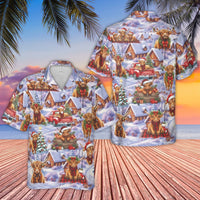 Snowy Winter Scene Shirt, Christmas Highland Cow Hawaiian Shirt, Rustic Farm Animal Aloha Shirt, Festive Holiday Beach Button Up Shirt