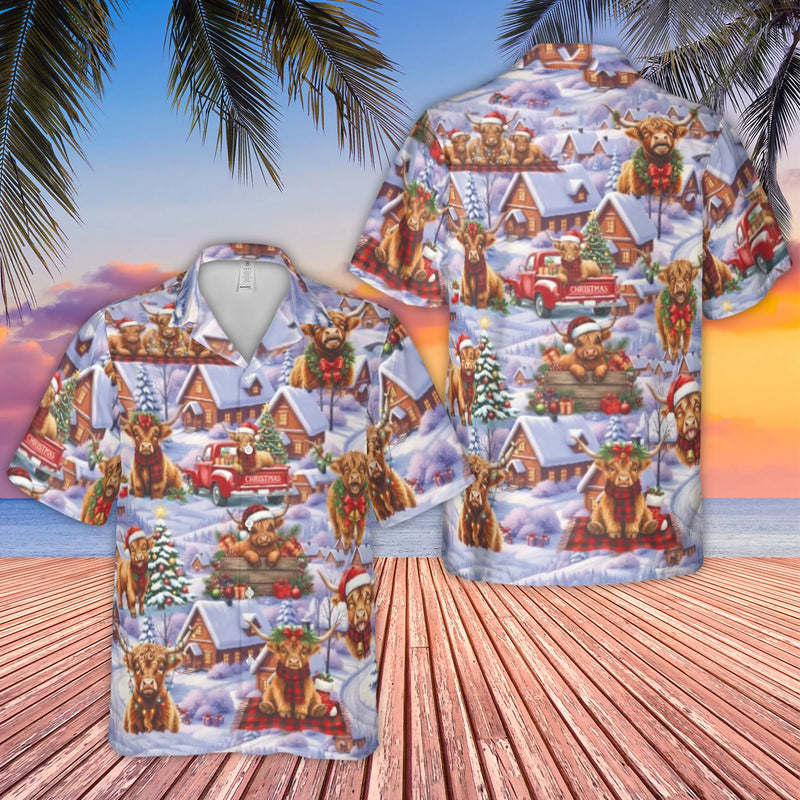 Snowy Winter Scene Shirt, Christmas Highland Cow Hawaiian Shirt, Rustic Farm Animal Aloha Shirt, Festive Holiday Beach Button Up Shirt