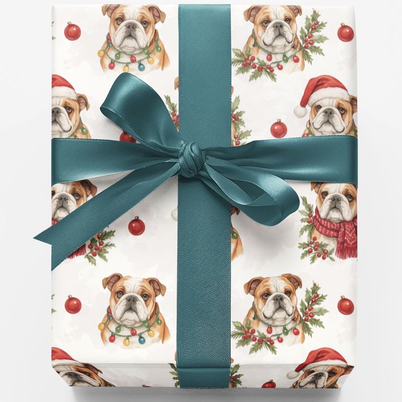 Festive Bulldog Gift Wrap, Bulldog Christmas Wrapping Paper, Holiday Dog Wrapping Paper Roll, Dog Lover Xmas Wrapping Paper, Holiday Paper