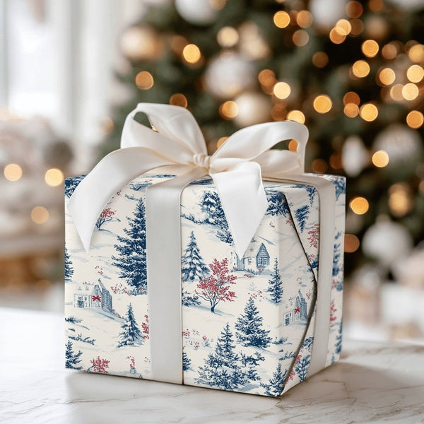 Snowy Village Christmas Gift Wrap, Winter Toile Wrapping Paper, French Country Toile Wrapping Paper, Elegant Blue Cream Holid