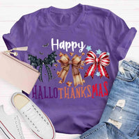 Halloween Thanksgiving Christmas Shirt, Happy Hallothanksmas Bow T-Shirt, Humorous Fall Holiday Mashup Graphic Tee, Autumn Coquette Top