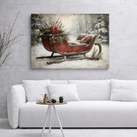 Snowy Winter Forest Canvas Print, Vintage Christmas Sleigh Canvas Art, Holiday Landscape Canvas Decor, Rustic Seasonal Wall Painting Present