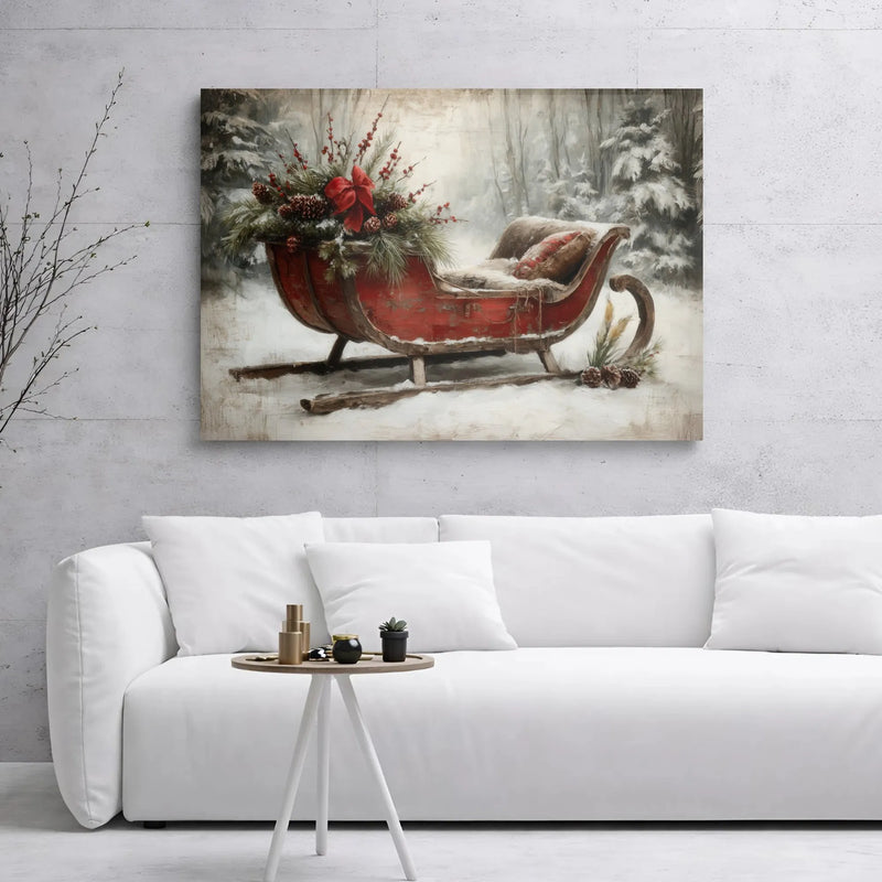 Snowy Winter Forest Scene Print, Christmas Sleigh Canvas Wall Art, Farmhouse Holiday Xmas Canvas Decor, Digital Download Printable