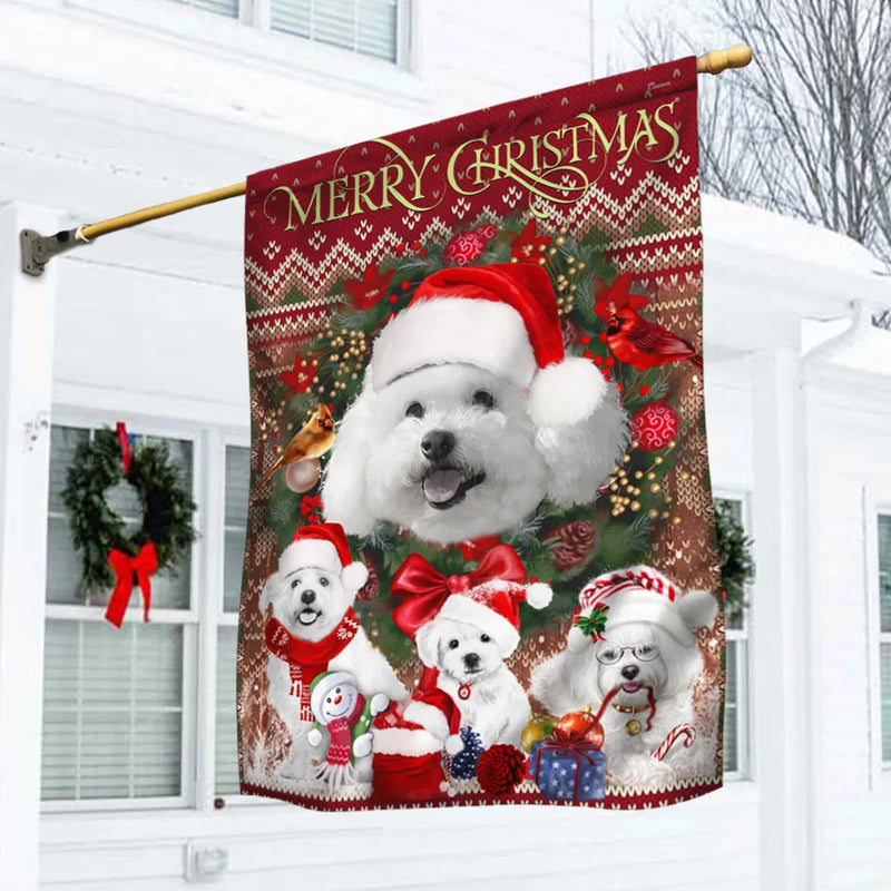 Merry Christmas Dog Yard Flag, Bichon Frise Christmas Garden Flag, Holiday Bichon Lawn Flag, Dog Owner Winter Porch Decor