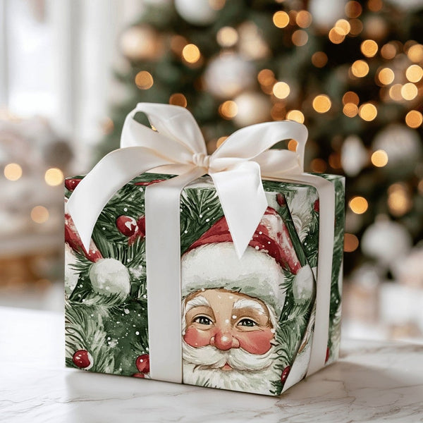 Watercolor Santa Claus Gift Wrap, Vintage Santa Wrapping Paper, Nostalgic Christmas Wrapping Paper, Pine and Berries Holiday 