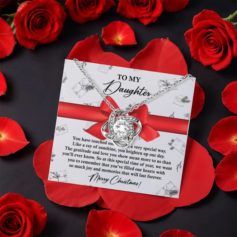 CZ Crystal Love Knot Pendant, To My Daughter Love Knot Necklace, Rotating Rose Box Necklace, White Gold Finish Christmas Present for Daughter