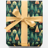 Winter Pine Forest Gift Wrap Roll, Geometric Christmas Wrapping Paper, Modern Evergreen Holiday Gift Wrap, Teal Gold Festive Wrapping Paper