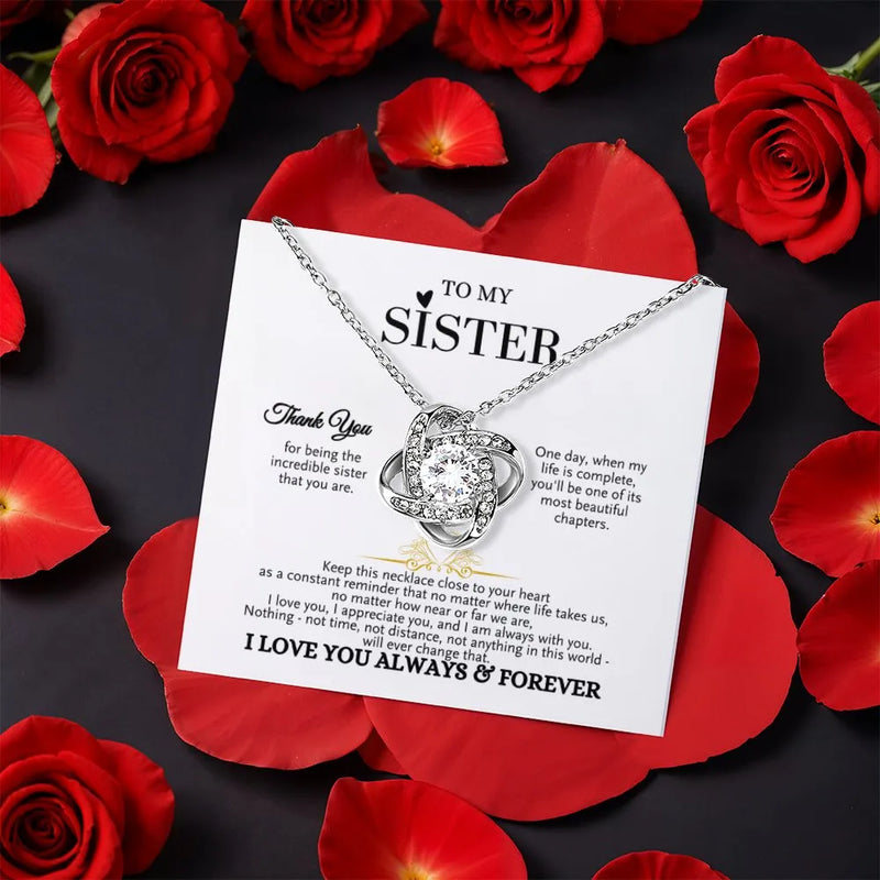 CZ Crystal Love Knot Pendant, Sister Love Knot Necklace, Gold Finish Love Knot Jewelry, Birthday Present for Sister, Christmas Sister Present