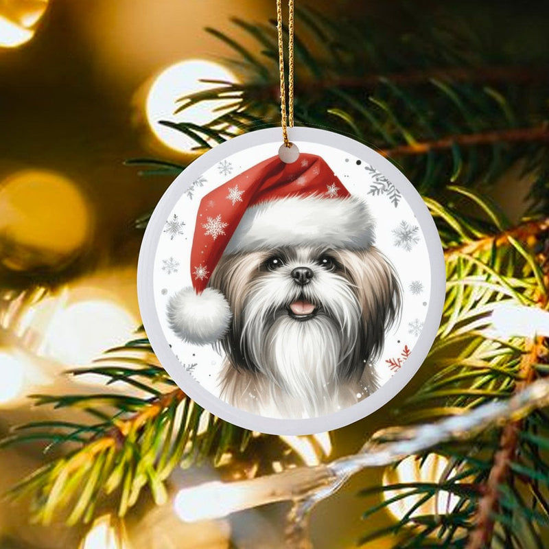 Santa Hat Dog Ornament, Shih Tzu Christmas Ornament, Festive Puppy Ceramic Ornament, Xmas Tree Hanging Decor, Holiday Present for Dog Lovers