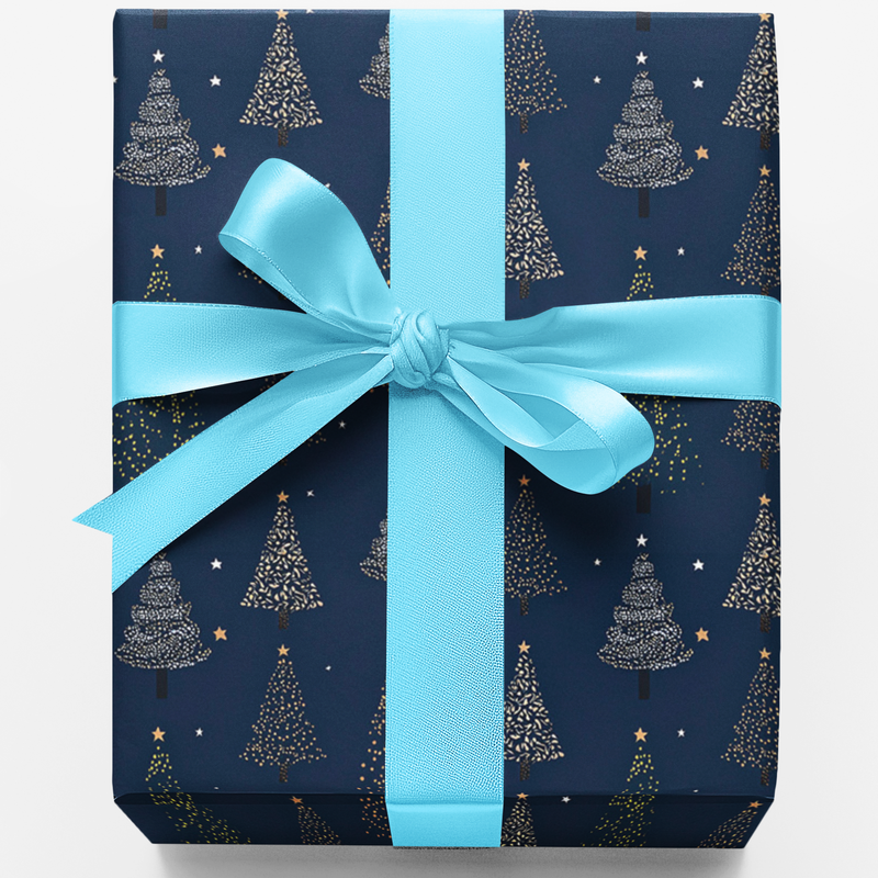 Navy Blue Winter Wrapping Paper, Night Christmas Trees Gift Wrap, Gold Star Holiday Gift Wrap Roll, Elegant Christmas Wrapping Paper Roll